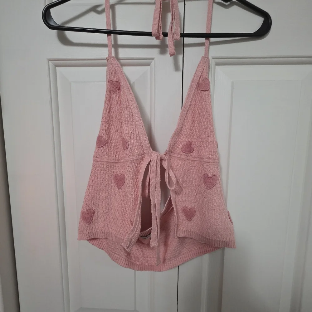 Social Tourist Pink Heart Halter Top Knit Size Small - Picture 3 of 9